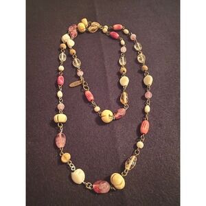 NY Beaded Station Necklace Pink Cream Gold Tone Long Layering Chain AK